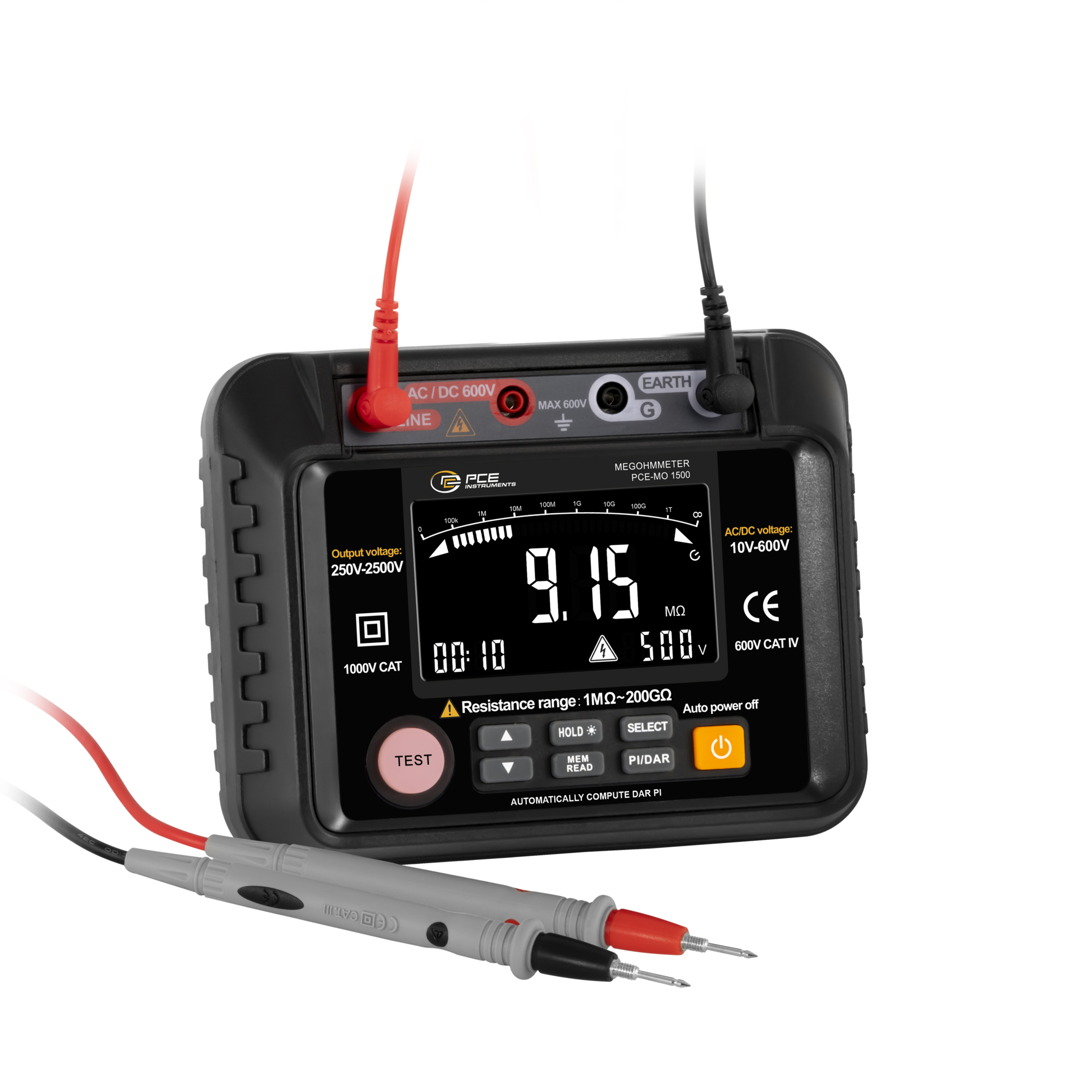 PCE Megohmmeter — Selectable Test Voltages from 250V, Model# PCE-MO 1500